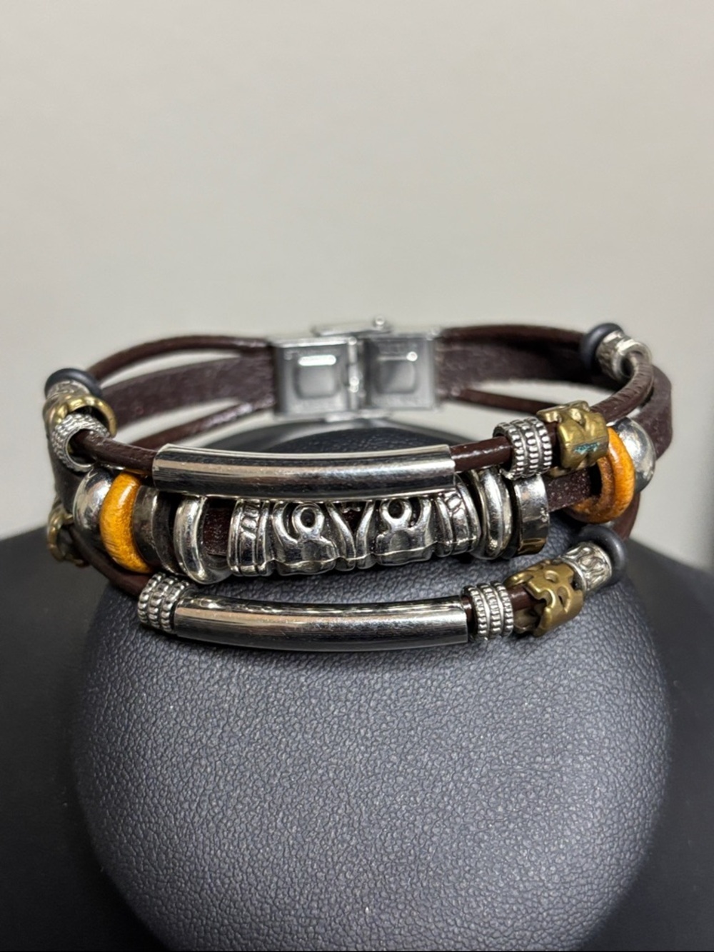Boho Leather Stainless Steel Unisex Beaded Brown Bracelet